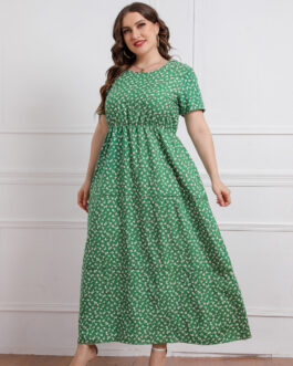 Plus Size Summer  Women round Neck Girls Floral Short Sleeve Dress