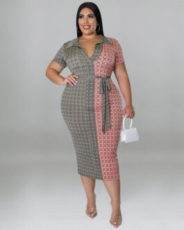 Plus Size Women Summer Casual Blouse Collar Color Matching Sheath Dress