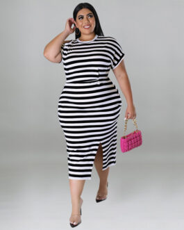Plus Size Women Summer Casual Striped Pajamas Multi Color Dress