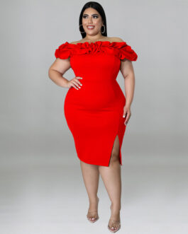 Plus Size Women Summer Sexy Lotus Leaf Pile Collar Hip Wrapped Dress Dress