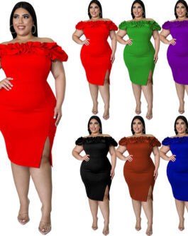 Plus Size Women Summer Sexy Lotus Leaf Pile Collar Hip Wrapped Dress Dress