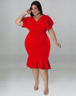 Plus Size Women Summer Special V neck Solid Color Sheath Dress Dress