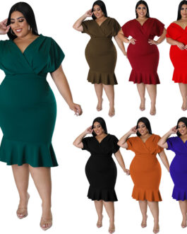 Plus Size Women Summer Special V neck Solid Color Sheath Dress Dress