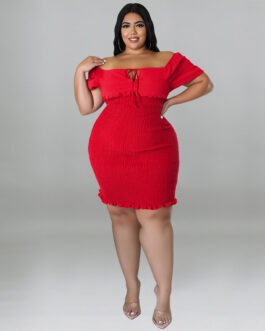 Plus Size Women Clothes Summer Off Shoulder Sheath Dress Smocking