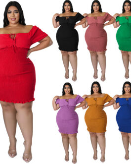 Plus Size Women Clothes Summer Off Shoulder Sheath Dress Smocking