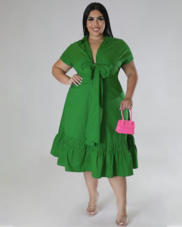 Plus Size Women Clothes Solid Color Polo Collar Half Cardigan Top Tie Pleated Dress