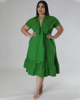Plus Size Women Clothes Solid Color Polo Collar Half Cardigan Top Tie Pleated Dress