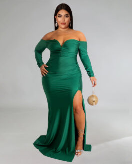 Plus Size Women Clothes Sexy Dress Nightclub V neck Formal Dress Solid Color Split Maxi Dress Autumn Winter High Split