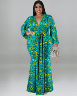 Plus Size Women Clothing Long Sleeved Fishtail Dress Sheath Print Dress Long