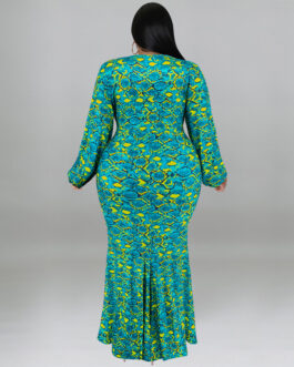 Plus Size Women Clothing Long Sleeved Fishtail Dress Sheath Print Dress Long