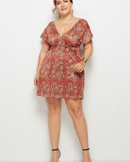 Plus Size Plus Size Sexy Deep V-neck Elastic Waist Printed Dress Holiday Home Wear  Women Clothing