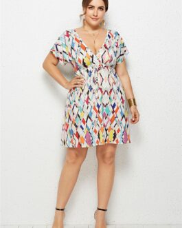 Plus Size Plus Size Sexy Deep V-neck Elastic Waist Printed Dress Holiday Home Wear  Women Clothing