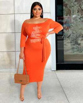 Plus Size Women Clothes Waist Lace Up Dress Off Shoulder Sexy Solid Color Dress