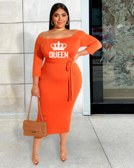 Plus Size Women Clothe Dress off Shoulder Crown Printing Lace Up Dress