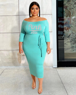 Plus Size Women Clothes Off The Shoulder Dress Pink Printed Lace Up Dress