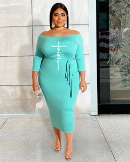 Plus Size Women Clothes off the Shoulder Dress Faish Printed Lace up Dress