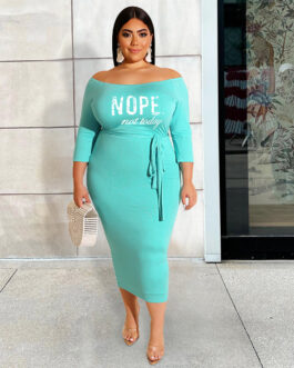 Plus Size Women Clothes off the Shoulder Dress  Nope Printed Lace up Dress