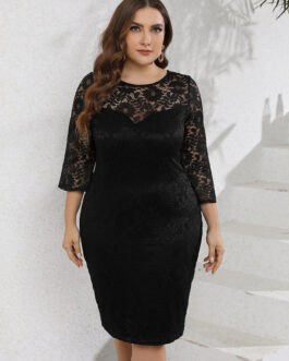 Plus Size Spring Summer Ladies round Neck Flare Sleeve Lace Mid Length Sheath Dress