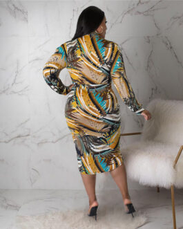 Plus Size Women Clothes V neck Floral Print Slit Pleated Hollow Out Cutout Sleeve Dress