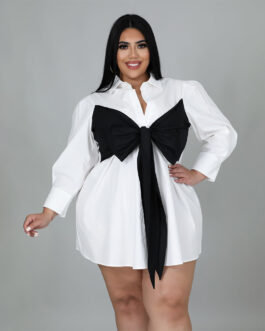 Plus Size Solid Color Stitching Lace up Loose Shirt Dress