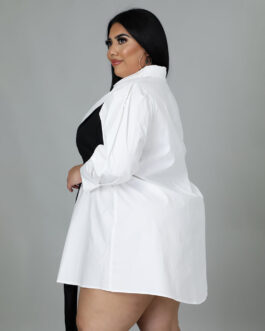 Plus Size Solid Color Stitching Lace up Loose Shirt Dress