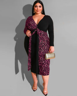 Plus Size Leopard Print Multicolor Printing Deep V Plunge Plunge Sheath Tight with Belt Long Women Dress