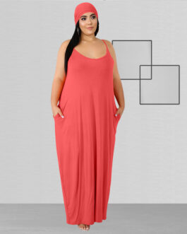 Plus Size Women Clothing Solid Color Sling Loose Long with Belt  Women Dress