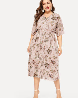 Plus Size Women  Floral V neck Chiffon Maxi Dress