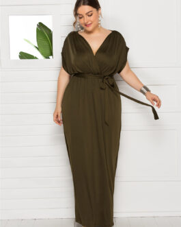 Plus Size Women Clothing Sexy Solid Color V-neck Loose Big Hem Dress