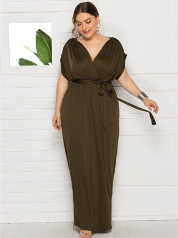 Plus Size Women Clothing Sexy Solid Color V-neck Loose Big Hem Dress