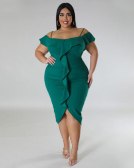Plus Size Women Sweet Solid Color Dress off Neck Midi Dress