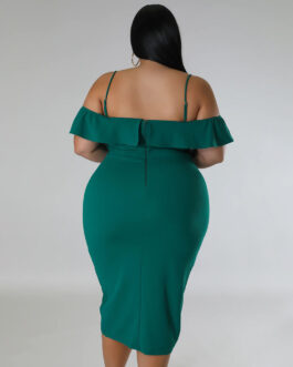 Plus Size Women Sweet Solid Color Dress off Neck Midi Dress