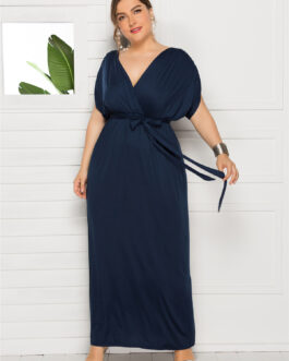 Plus Size Women Clothing Sexy Solid Color V-neck Loose Big Hem Dress