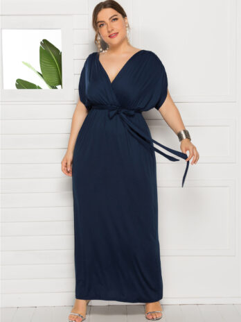 Plus Size Women Clothing Sexy Solid Color V-neck Loose Big Hem Dress