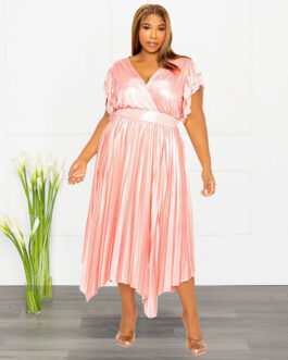 Plus Size Women Clothing Spring Summer V Neck Ruffle Pleated Dress Long Dress