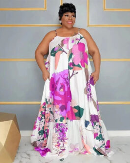 Plus Size Sexy Off The Shoulder Pleated Long Women Clothes Printing Slip Dress
