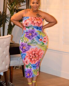 Plus Size Summer Wrapped Chest Floral Print Slim-Fit Sexy  Women One-Step Dress