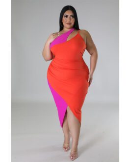 Plus Size Women Sunken Stripe Contrast Color Split Shoulder Zipper Dress
