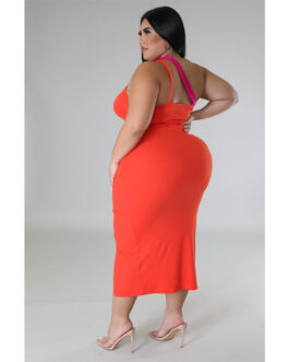 Plus Size Women Sunken Stripe Contrast Color Split Shoulder Zipper Dress