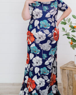 Blue Green Off the shoulder Floral Print Plus size Maxi Dress