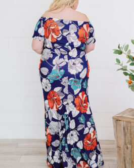 Blue Green Off the shoulder Floral Print Plus size Maxi Dress