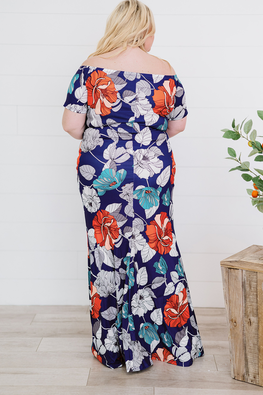 Blue Green Off the shoulder Floral Print Plus size Maxi Dress - Image 2