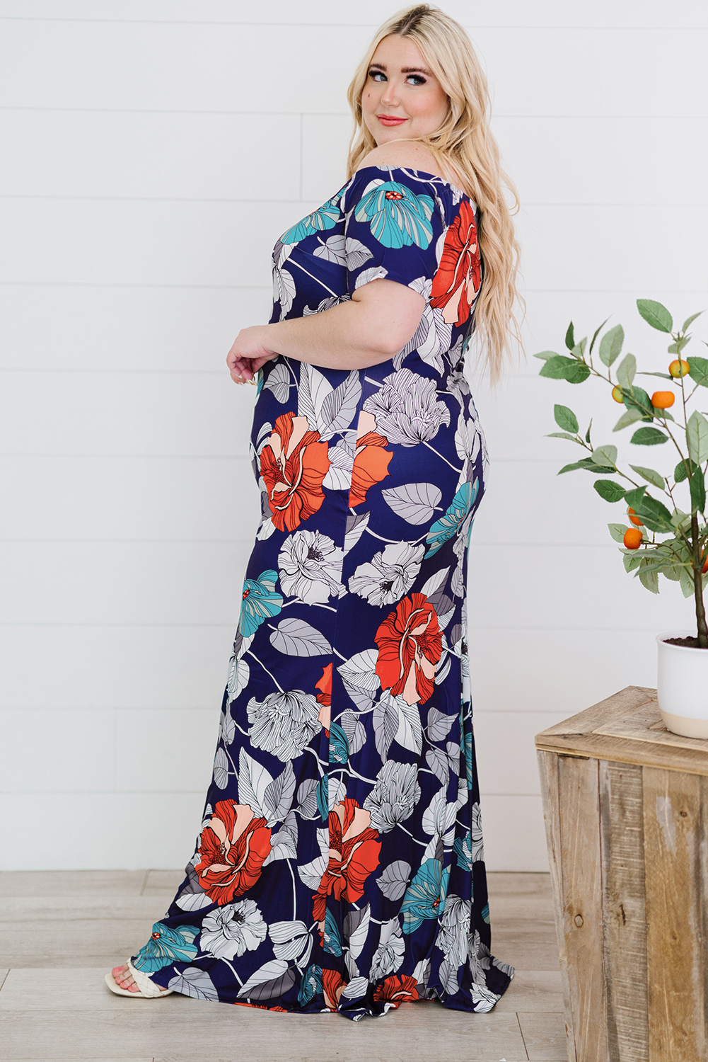 Blue Green Off the shoulder Floral Print Plus size Maxi Dress - Image 3