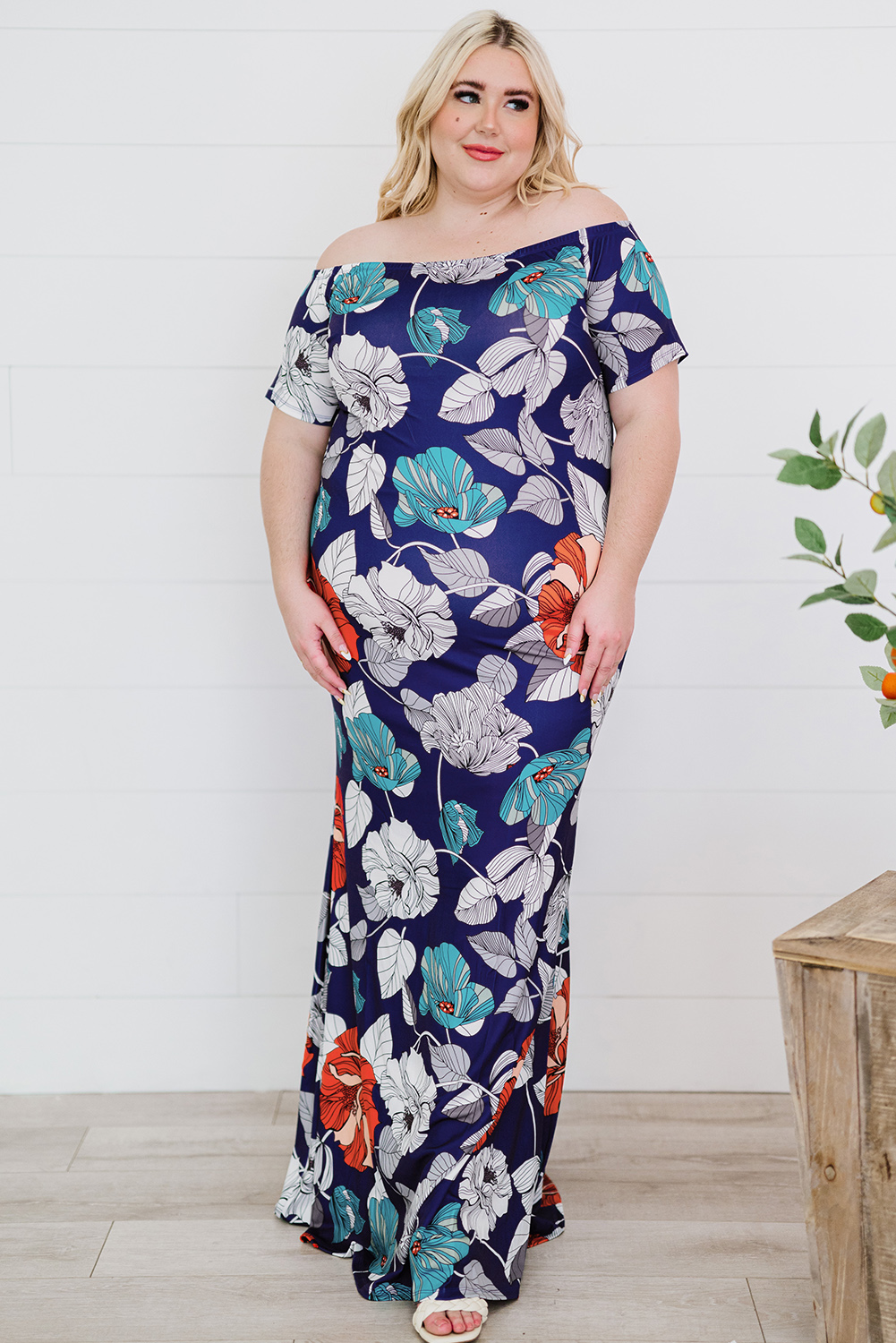 Blue Green Off the shoulder Floral Print Plus size Maxi Dress - Image 4