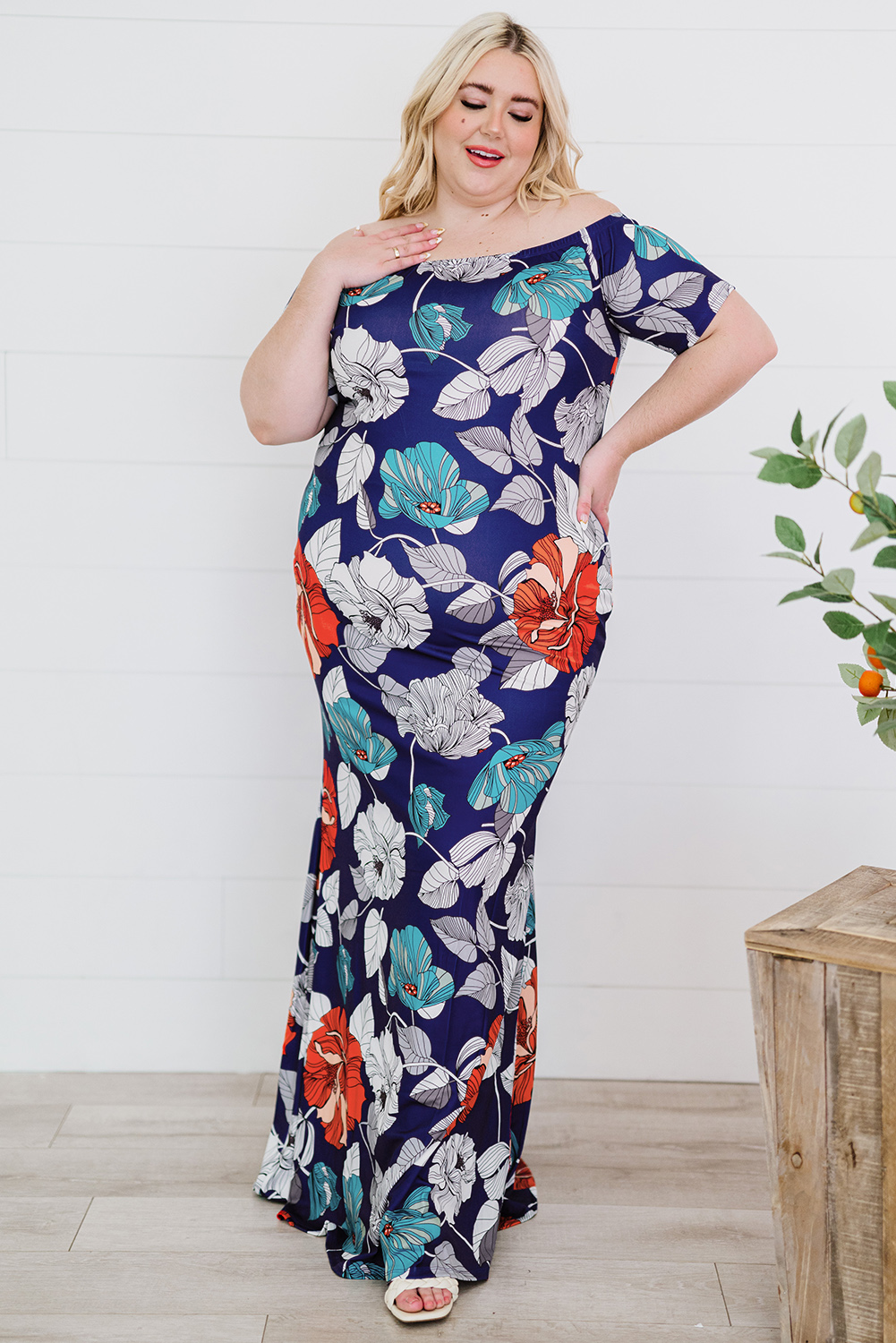 Blue Green Off the shoulder Floral Print Plus size Maxi Dress - Image 5