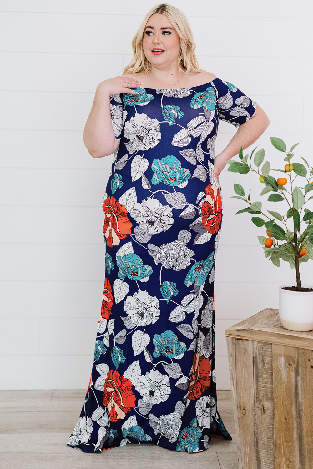 Blue Green Off the shoulder Floral Print Plus size Maxi Dress - Image 6