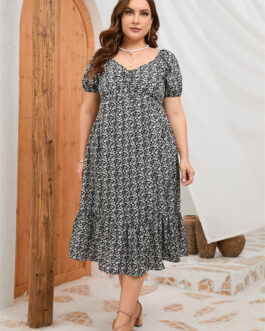 Plus Size Summer Short Sleeve Puff Sleeve Sweet A Line Ruffled Mid Length Dress
