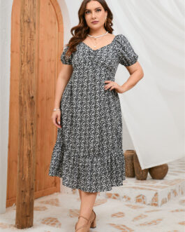 Plus Size Summer Short Sleeve Puff Sleeve Sweet A Line Ruffled Mid Length Dress