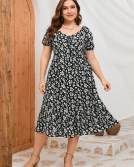 Plus Size Women Dress Summer New Puff Sleeve Ladies Ruffle Long Dress