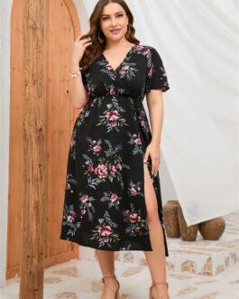 Plus Size Dress Summer Short Sleeve Flying Sleeve Staggery Waist High Waist Front Split Dress